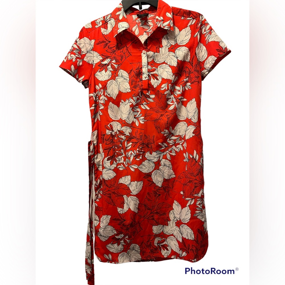 Ann Taylor Orange & White Floral Professional/Casual Belt Dress
